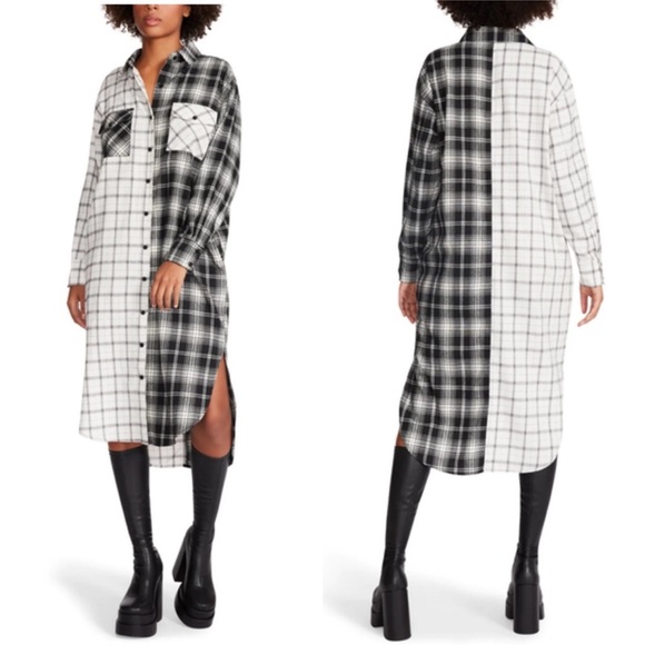Steve Madden Dresses & Skirts - Steve Madden Rae Midi Shirt Dress Flannel in Multi Plaid Black White Size Small